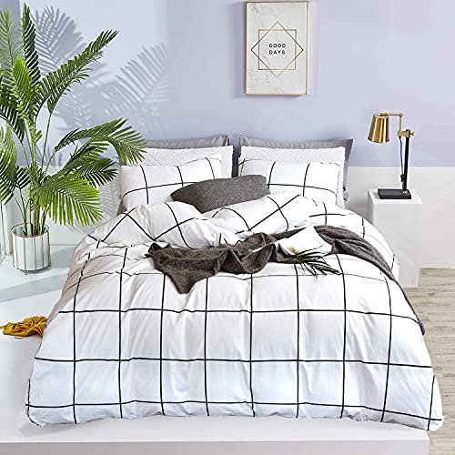 Wellboo Parure de lit à Carreaux Blancs et Noirs et Blancs en Coton pour Femmes et Hommes – Housse de Couette à Carreaux géométriques pour Grand lit – Literie bohème Blanche