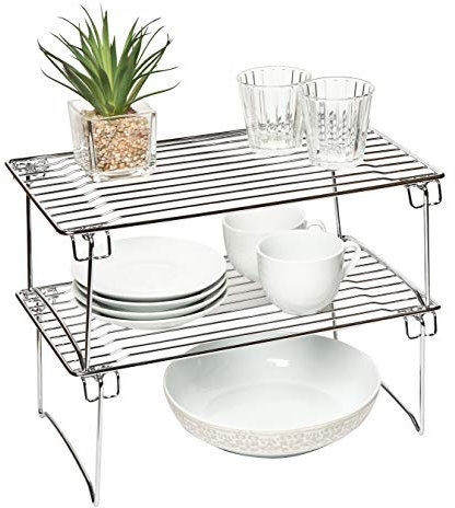 Amtido Küchenregal stapelbar - Geschirr- und Gewürzregal für Schrank, Vorratskammer - Aufbewahrung für Becher, Gläser, Teller & Töpfe - Auch für Badezimmer geeignet - Chrom, 2er-Pack