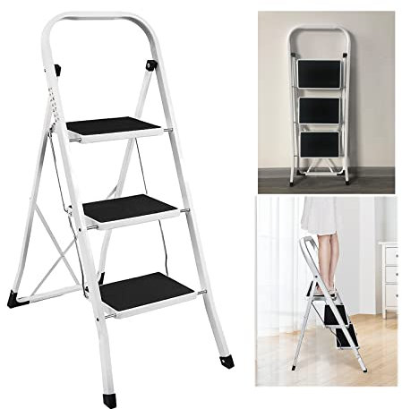 Stahl Trittleiter Klappbare Trittleiter 3 Stufen Leiter mit breitem Pedal rutschfeste Füße Sicherheit Robuster Tritthocker