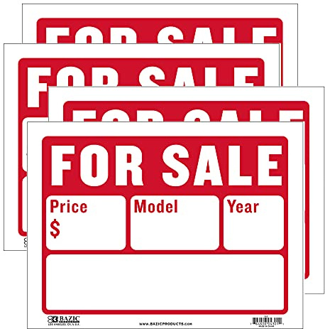 BAZIC For Sale-Schild, Auto-Verkaufsschild, 22,9 x 30,5 cm (2-zeilig), Modelljahr-Telefonnummer, Autos, LKWs, Innenschilder, Warnschilder, 4 Stück