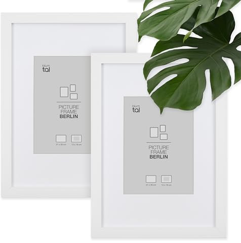Blumtal – 2er Set Bilderrahmen 21x30 cm, hochwertiger Fotorahmen Berlin aus Holz mit Passepartout, zum Aufhängen und Aufstellen, weiß