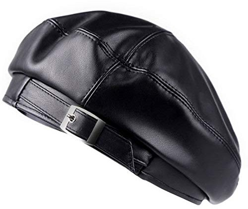 MEGAUK Herbst und Winter Frauen Baskenmütze Französisch Leder Hut Solide Baskenmütze Retro Baskenmütze Casual Künstler Hut Kunstleder Barett, Schwarz , Einheitsgröße