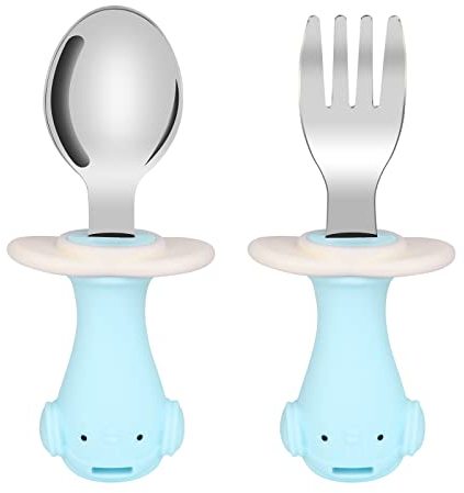 Vicloon 2pcs Tenedor y Cuchara de Acero Inoxidable para Bebé, Vajilla para Niños, Juego de Cubiertos de Entrenamiento para Niños…