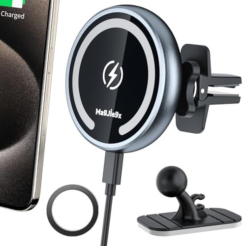 MAGJIEYX for Magsafe Car Mount Charger, 15W Magnetic Wireless Car Charger 360° Rotation Phone Holder Fast Charging for iPhone 16 15 14 13 12 MagSafe Case 2 in 1 Dashboard Air Vent Car Accessories