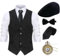 Gionforsy 20er Jahre Herren Weste Kostüm Zubehör Set mit Hut Weste Fliege Krawatte Taschenuhr Gangster Accessoires Set für Great Gatsby Mottoparty Halloween Karneval Fasching (Streifen Schwarz, M)