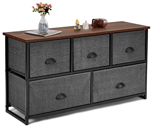 GIANTEX Kommode Stoffkommode, modernes Sideboard mit 5 Schubladen, Aufbewahrungsschrank Mehrzweckschrank mit Metallrahmen, Aufbewahrungskommode Schubladenkommode 100 x 30 x 54 cm, Industrial Design