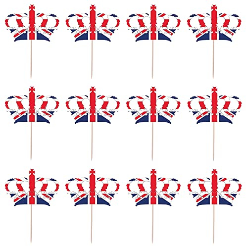 Trimming Shop Union Jack Crown Toothpicks Cupcake Toppers – 30pcs British Party Picks for Food, Cocktails, Sandwiches, BBQ, Royal Events, Great Britain Table Decor