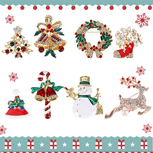 8 Stücke Weihnachtsbrosche Weihnachten Kristall Brosche Pin Set Strass Kristall Brosche Weihnachten Ornamente Geschenke Pin für Frauen( Schneemann, Hirsch, Weihnachtsbaum, Kranz, Krücken, Glocken Usw)