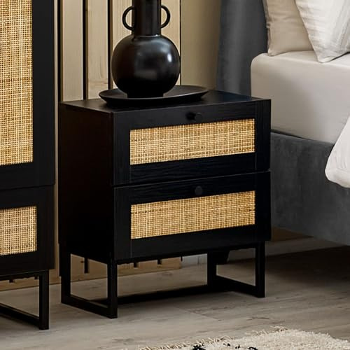 Julian Bowen Padstow 2 Drawer Bedside, Black, Engineered Wood, One Size | Industrial Style Nightstand for Bedroom, 2 Drawers, Rattan Drawer Detailing, Oak Effect Frame, Metal Legs