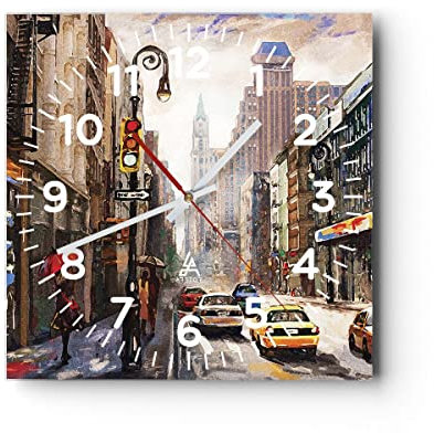 ARTTOR Modern Wanduhr New York Aquarell 30x30cm Quadrat Klein Wand Uhr Glas Analog Zimmeruhren Küche Büro Wohnzimmer Glasuhr Wall Clock Dekoration Design Wanddekoration Küchenuhr C4AC30x30-4590