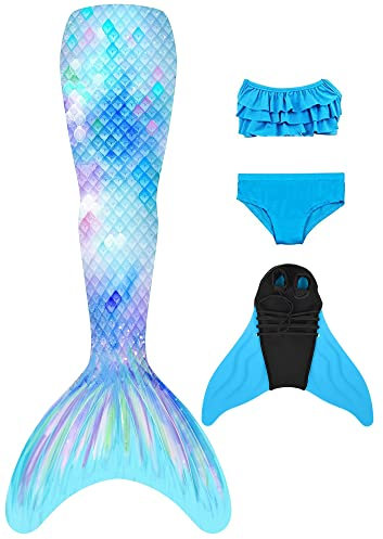 NAITOKE meerjungfrauenflosse mädchen Badeanzug - Meerjungfrau Flosse Bademode mit Bikini Set und Monoflosse Mermaid Tail, 4 Stück Set,POOU,120