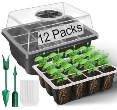 TOYPOPOR 12 Packs 144 Cells Seed Trays with Clear Lids, Seed Propagator Set with Adjustable Humidity Dome and Base, Seedling Starter Kit for Greenhouse and Garden with Garden Tools and Labels