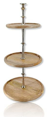 Mangoholz und Metall Etagere mit 3 Stufen 80cm braun Silber Hochzeits-Deko Obst-Schale Candy Bar