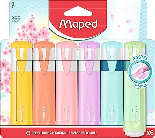 Maped - 6 Textmarker Fluo'Peps Pastell + Glitter – abgeschrägte Spitze – langlebige Textmarker – für Schule und Beruf – 4 Pastell-Textmarker + 2 Textmarker mit Pailletten