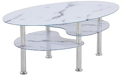 HOOZ Couchtisch Glas mit 8mm Sicherheitsglas & Facettenschliff, Glastisch perfekt geeignet als Beistelltisch, Wohnzimmertisch (98x55x42cm) (Marmor weiß mit Ablage)