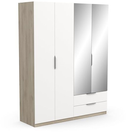 Demeyere Vestidor con Espejos y Armario Moderno 4 Puertas 5 estantes 2 cajones, Color Roble Kronberg y Blanco Mate, 157,3 x 51,1 x 203 cm, Madera de ingeniería