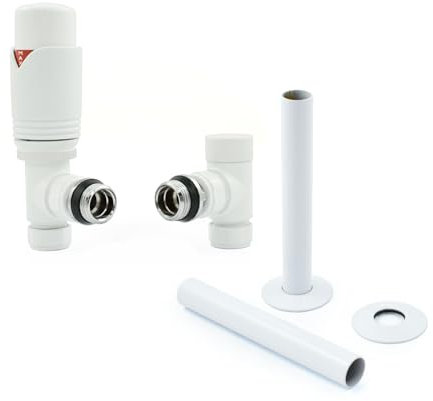 Hot Flow All-White Marella Modern Thermostatic Radiator Valve Angled TRV. Includes Angled TRV Body, Wheel Head, Lock Shield & Pipe Sleeve for Quick & Easy Temperature Control.
