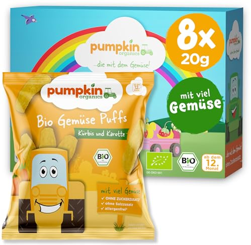 Pumpkin Organics Kindersnack Bio Gemüse Puffs Kürbis und Karotte (8er Pack) Baby- und Kindersnacks ohne Zusatzstoffe ab dem 12. Monat - allergenfreie² und glutenfreie² Knuspersnacks für Kinder (8x20g)