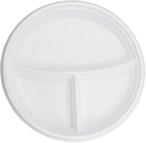 Commerline Plastikteller, 800 Stück, Kunststoffteller, Plastikgeschirr | 22 cm, 3-geteilt, Partyteller, Partygeschirr Mehrweg, große Servierfläche, robust, Grill, Buffet, Catering & Camping