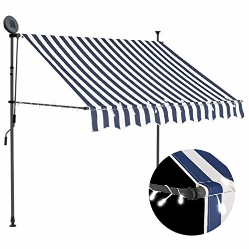 Gecheer Handbetrieben Einziehbare Markise 150 cm Mit Solarmodul und LED-Leiste,Balkonmarkise Klemmmarkise Sonnenschutz Sichtschutz Gelenkarmmarkise Mit Griffkurbel,Höhe Winkel verstellbar,Blau Weiß