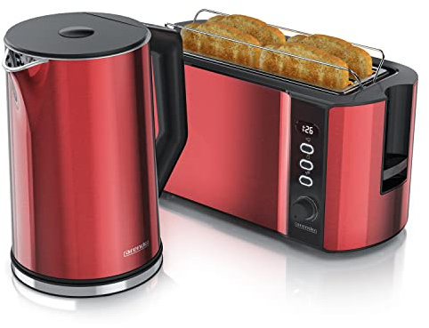 arendo Ensembles Bouilloire et Grille-Pain en Set Bouilloire en INOX 1,5L 40°-100°C, Grille-Pain 4 Tranches Ecran LED 6 Niveaux de brunissage Support viennoiserie Grille Pain Rouge Carmin