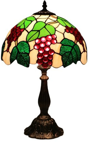 FUMAT Tiffany Tischlampe, 12 Zoll Retro Lampe, Vintage Nachttischlampe, Deko Tischleuchte, Handcraft Bunte Glas Lampenschirm, Traube Muster, Mit E27 LED Glühbirne, für Schlafzimmer Wohnzimmer Büro