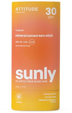 ATTITUDE Crème Solaire Minérale Solide, pour Corps et Visage, SPF 30, EWG Verified, Protection Large Spectre UVA/UVB avec Oxyde de Zinc, Testé Dermatologiquement, Végan, Tropical, 60 g