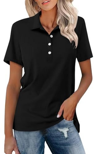 Polo Shirts for Women UK, Womens Ladies Premium Polo Shirt Summer Short Sleeve Lapel Casual Quarter-Button Classic Cotton Sport Golf Tennis T-Shirt Black