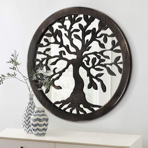 Farmhouse Round Wall Mirror Tree of Life Rustic Black Hanging Decorative Wooden Frame Circle Mirrors Wall Decor for Garden Bedroom Living Room Bathroom or Entryway