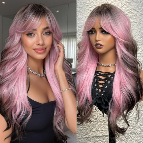 topshe Pink Lange Wellenperücke mit Pony & Braun Wurzeln, Hitzebeständig für Cosplay, 24 Zoll