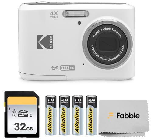 KODAK PIXPRO FZ45 16MP Digital Camera with 4X Optical Zoom 27mm Wide Angle and 2.7 LCD Screen Bundle with 32GB SD Memory Card, AA Batteries (4 Pack), Lens Cleaning Cloth (White)