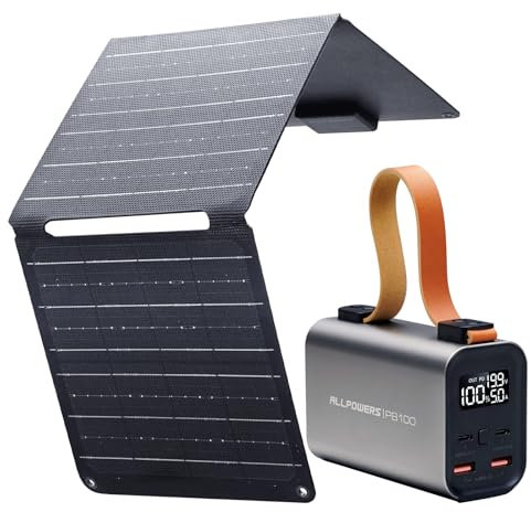 ALLPOWERS PB100 Powerbank mit SP001 21W Faltbares Solarpanel, 24000 mAh Externe Akku mit 100 W USB-C Ausgang, Tragbares Ladegerät mit Digitalanzeige, LED-Licht, Schnellladeakku für Outdoor Camping