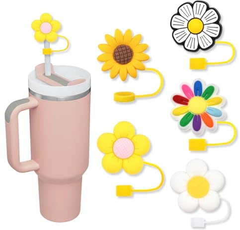 Stanley Straw Cover,5Pcs Flower Straw Covers Toppers,Suitable For Stanley Water Bottles 30&40 Oz,0.4in/10mm Dust-Proof Straw Cap,Cute Silicone Straw Cover Accessories