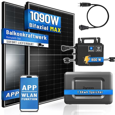PIANETA Balkonkraftwerk 1130W Bifazial mit Ja Solar Modulen, Wechselrichter HMS800 und Dyness 1.6Kwh Speicher (mit Dyness Speicher 1.6Kwh)