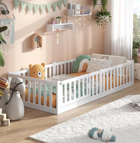 ALAVYA HOME® Kinderbett Bodenbett Titan mit Tür- aus Buchenholz (Weiß, 140 x 200 cm)