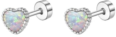 18G Opal Heart Love Flat Screw Back Small Stud Earrings for Women Girls Minimalist Cute Surgical Stainless Steel Little Glitter Hearted Cartilage Tragus Piercing Sleeper Studs Hypoallergenic
