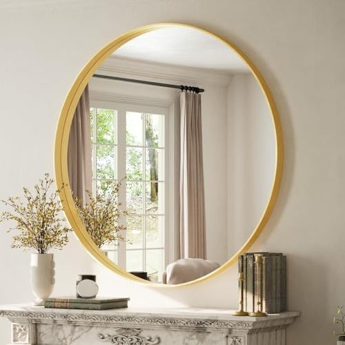 Koonmi runder Wandspiegel 120 cm, tiefer Metallrahmen, Gold | Badspiegel mit gebürstetem Rahmen für Badezimmer, Wohnzimmer und Eingangsbereich, markantes Tiefenprofil