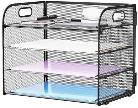 Marbrasse Desk Trays Organiser,4 Tier Letter Paper Tray with Handle,Mesh in Tray for Desk Office Home A4 File Document Storage (Black)