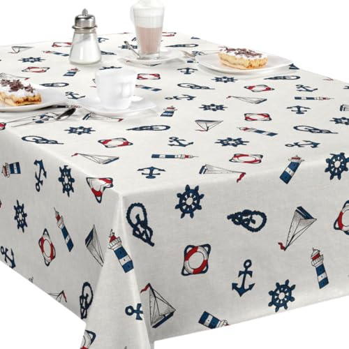 Jolee Tablecloths Wipe Clean PVC Tablecloth 140cmx200cm-Outdoor/Indoor Table Cloth Protector, Waterproof Summer Design, Easy Care Table Cover (Seaside Anchors and Boats PVC Vinyl)