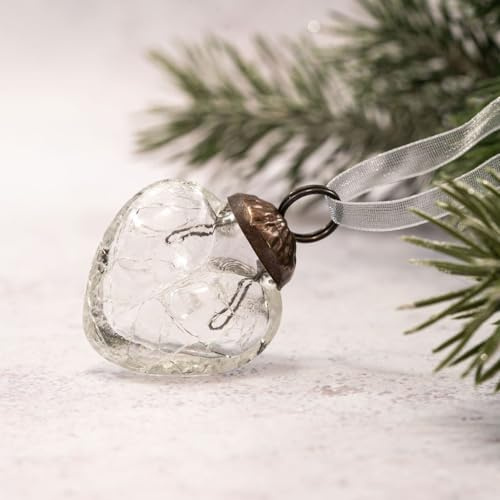 Arthur Cameron – Set of 6 Small 1 Crackle Glass Heart Baubles – Hand-Blown Christmas Baubles Perfect for Mini Christmas Tree Decorations & Rustic Xmas Decorations (Clear)