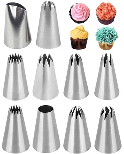 WINXMIN Set de 10 Boquillas de Repostería Profesionales Acero Inoxidable 304 Tamaño Reutilizable,Para Manga Pastelera - Decoración y Elaboración de Cupcakes, Tartas, Churros, Croquetas, Porras