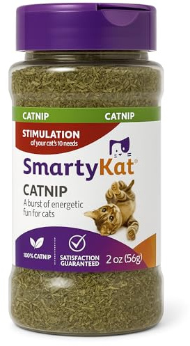 SmartyKat Natural Catnip Canister, 100% Natural Cat Nip for Cats, Premium Dried Catnip for Indoor Cats, Positive Training Aid for Play and Exercise, Resealable Shaker Bottle, 2 Ounces