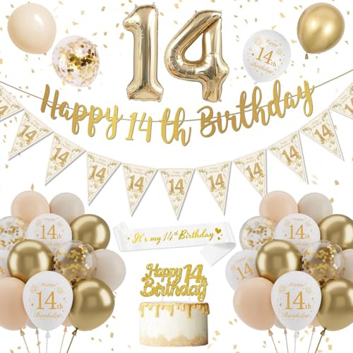 14th Birthday Decorations Girls, Gold White Birthday Balloons, Happy 14th Banner with Confetti Latex Balloons Cake Topper for Girls Party Deco