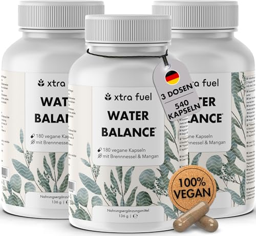 Water Balance Komplex - 540 vegane Entwässerungstabletten hochdosiert für Bindegewebsbildung – Brennnessel Kapseln mit rotem Weinrebenblatt, Rosskastanie, Magnesium & Mangan - vegan & laborgeprüft