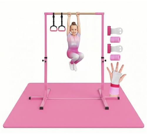 Aerobik® Pack Gimnasia Infantil Rosa Barra, Esterilla y Anillas | Pack Gym Infantil con Barra Ajustable 90 a 150 cm, Esterilla 200x140 cm, 2 Anillas, Peso Máximo Soportado : 45 kg