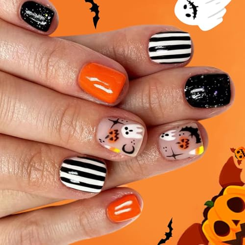 Halloween Nails Art Stickers 24Pcs False Nails with Mysterious Ghostly Stripes Pumpkin Bat Patterns for Women Party Pumpkin Bat False Nails