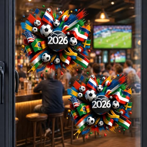 2PCS World Cup Football Window Stickers, Match Day Party Static Clings | 30 x 30 cm PVC static clings that apply without glue for windows, glass doors, mirrors, bars, offices and 2026 match displays