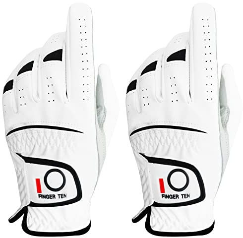 FINGER TEN Golfhandschuhe Herren Links Rechts Hand 2 Stück Golfhandschuh Wettersof Leder Griffig Weich Passform Handschuh für Golfer Männer (Links, M)