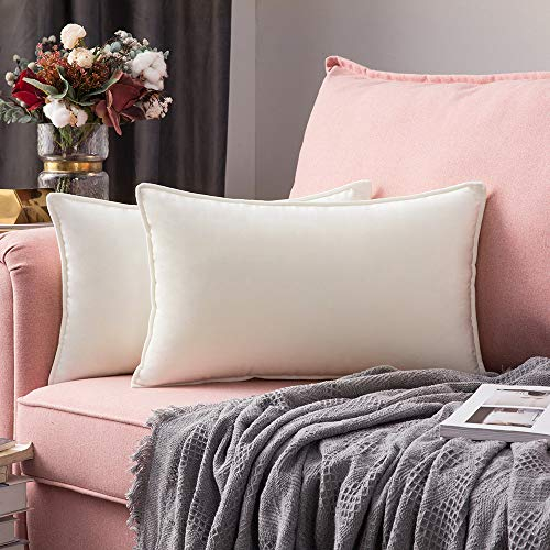 MIULEE 2er Set Samt Kissenbezug Flansch Kissenhülle Dekorative Sofakissen Dekokissen Umwickelte Kante Kissenbezüge Zierkissenbezug für Sofa Wohnzimmer Schlafzimmer 30x50 cm Creme weiß