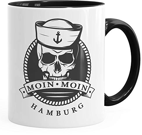 MoonWorks® Kaffee-Tasse Becher Totenkopf Matrose Anker Motiv Skull Emblem Schriftzug Moin Moin Hamburg schwarz Keramik-Tasse